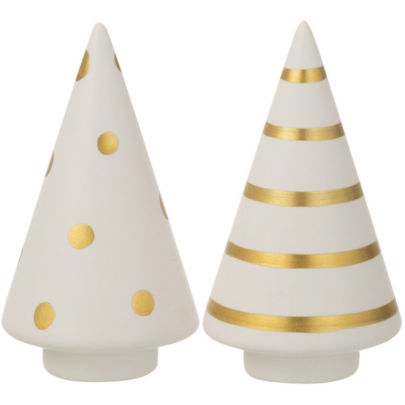 Décoration de Noël Sapin de Noël 10 cm en Céramique Blanc Doré Motif Pois & Lignes (Lot de 2) - 1