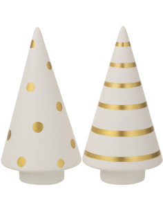Décoration de Noël Sapin de Noël 15 cm en Céramique Blanc Doré Motif Pois & Lignes (Lot de 2) - 1
