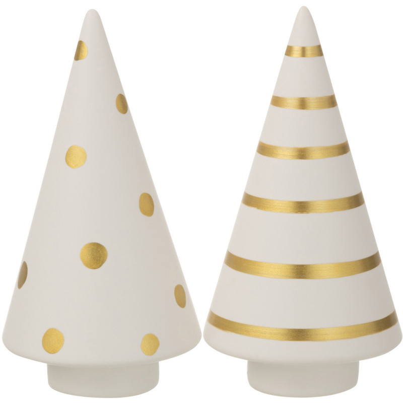 Décoration de Noël Sapin de Noël 15 cm en Céramique Blanc Doré Motif Pois & Lignes (Lot de 2) - 1