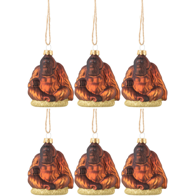 Boule de Noël Gorille assis en Verre Marron (Lot de 6) - 1