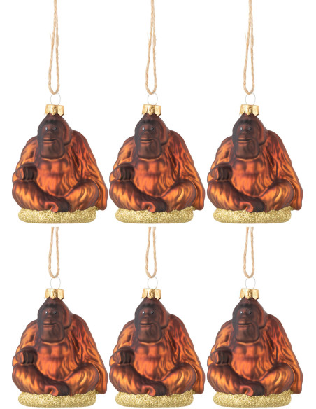 Boule de Noël Gorille assis en Verre Marron (Lot de 6) - 1
