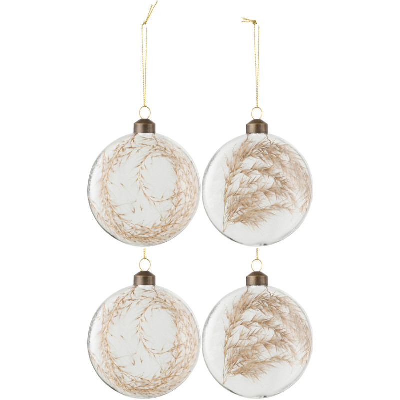 Boule de Noël Plate en Verre Transparent Pampas séchées Naturel (Lot de 4) - 1