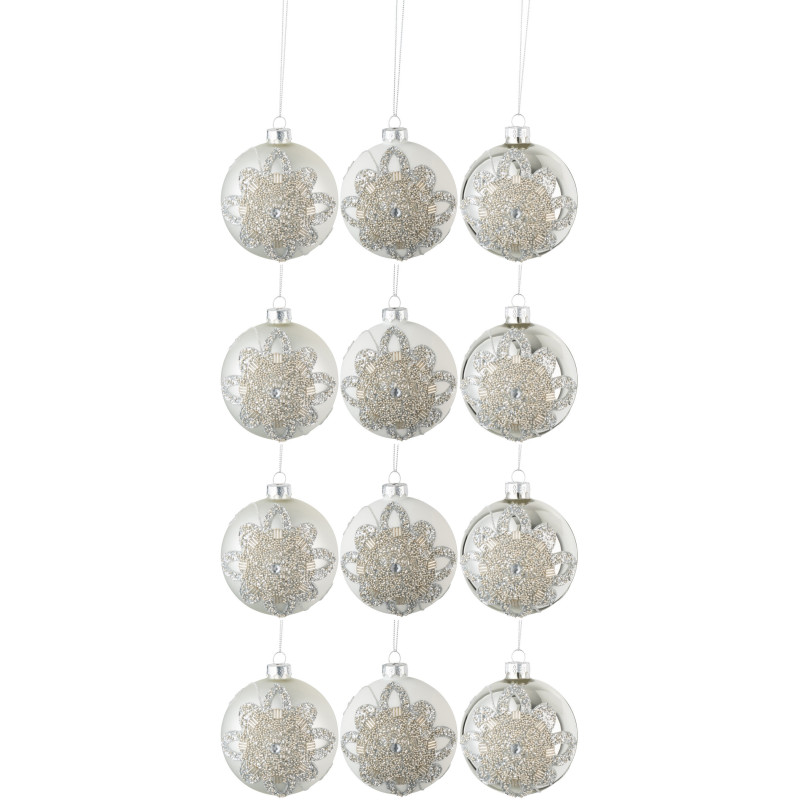 Boule de Noël en Verre Argenté Motif fleur Avec perles (Lot de 12) - 1