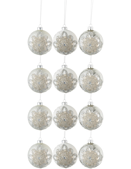 Boule de Noël en Verre Argenté Motif fleur Avec perles (Lot de 12) - 1