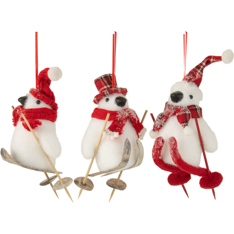 Suspension de Noël XL Pingouins à ski en Polymousse Polyester Rouge Blanc (Lot de 3) - 1