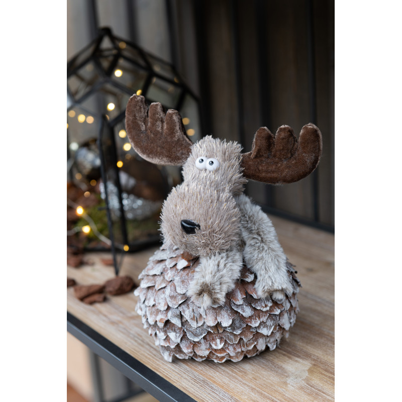 Décoration de Noël Renne Boule 15 cm en Pomme de pin Tissu Marron Gris - 2