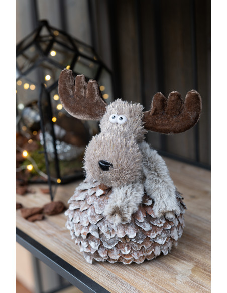 Décoration de Noël Renne Boule 15 cm en Pomme de pin Tissu Marron Gris - 2