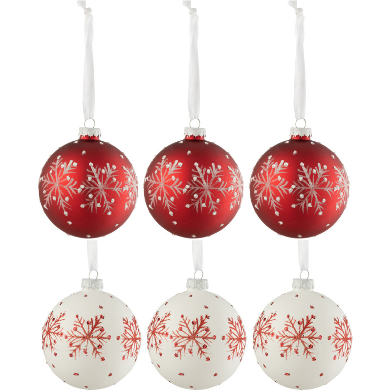 Boule de Noël en Verre Blanc Rouge Motif flocons (Lot de 6) - 1
