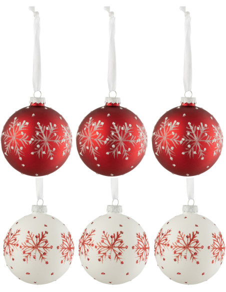 Boule de Noël en Verre Blanc Rouge Motif flocons (Lot de 6) - 1