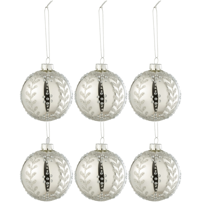 Boule de Noël en Verre Argenté Motif feuilles Avec paillettes (Lot de 6) - 1