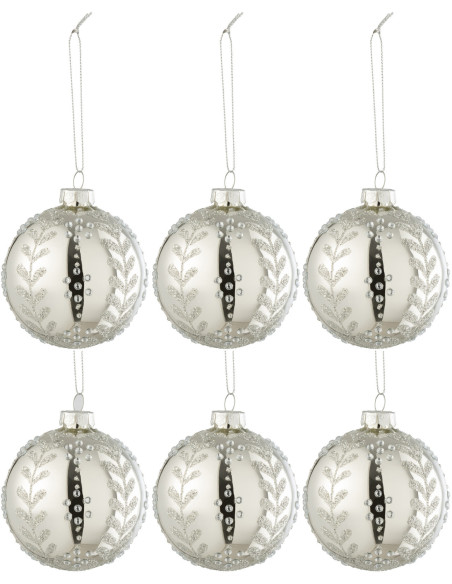 Boule de Noël en Verre Argenté Motif feuilles Avec paillettes (Lot de 6) - 1