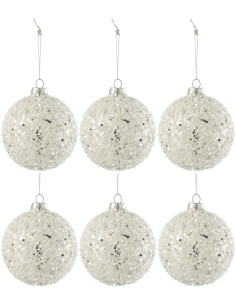 Boule de Noël en Verre Perle Blanc Paillette Argenté (Lot de 6) - 1