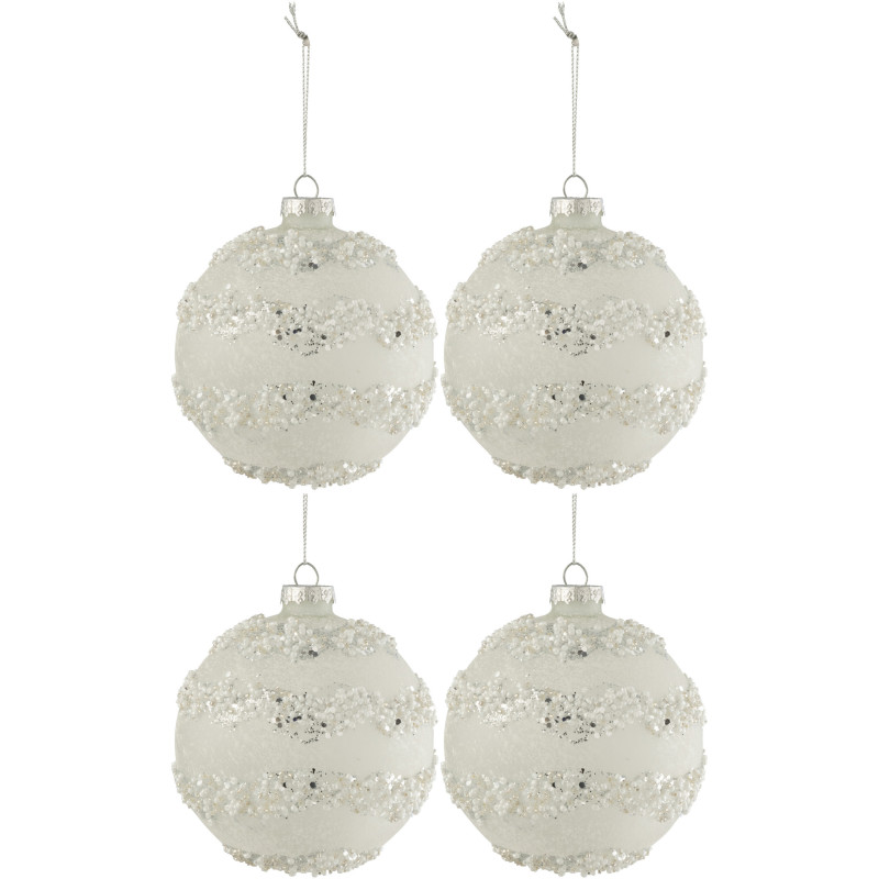 Boule de Noël en Verre Blanc Paillette Argenté Motif lignes (Lot de 4) - 1