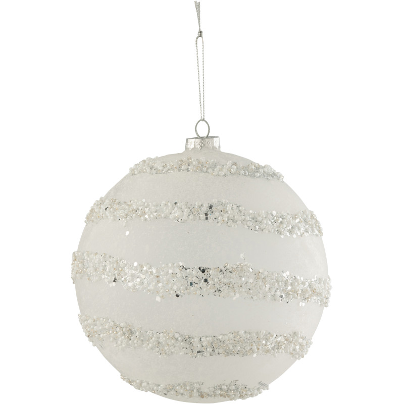 Boule de Noël XXL en Verre Blanc Paillette Argenté Motif lignes - 1