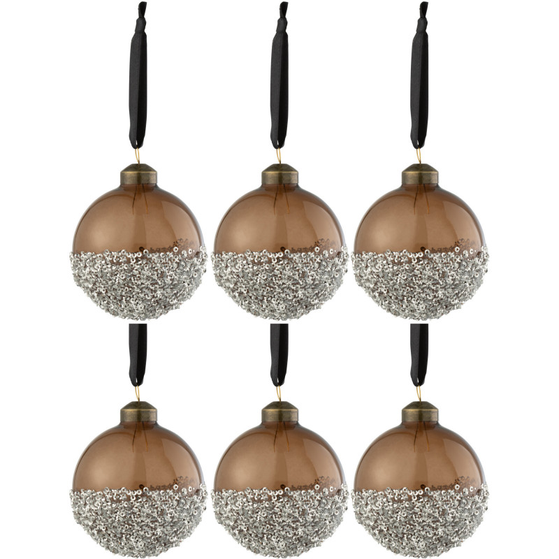 Boule de Noël en Verre Marron Sequin Argenté (Lot de 6) - 1