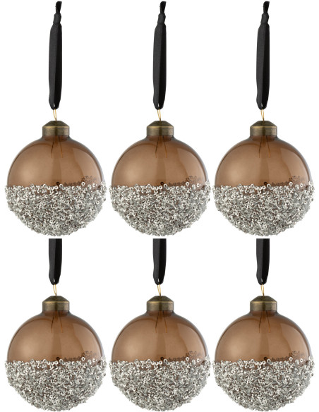 Boule de Noël en Verre Marron Sequin Argenté (Lot de 6) - 1