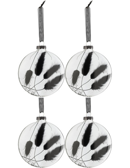 Boule de Noël Plate en Verre Transaparent Fleur séchée Noir (Lot de 4) - 1