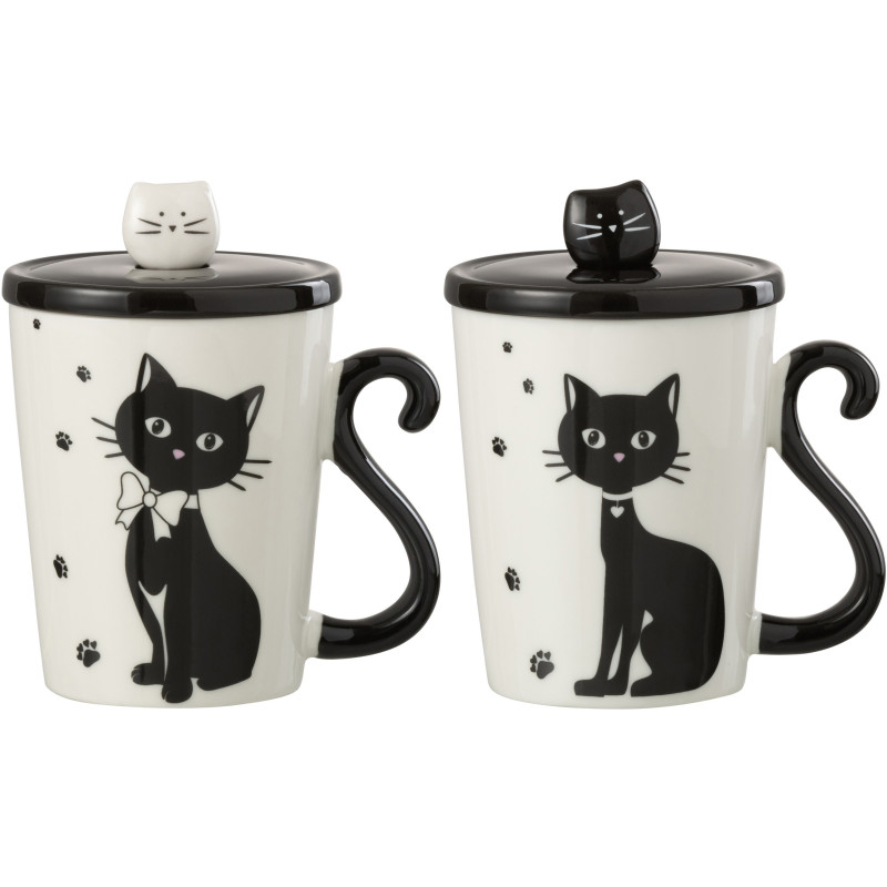 Mug avec couvercle Miaou en Porcelaine Blanc Noir (Lot de 2) - 1