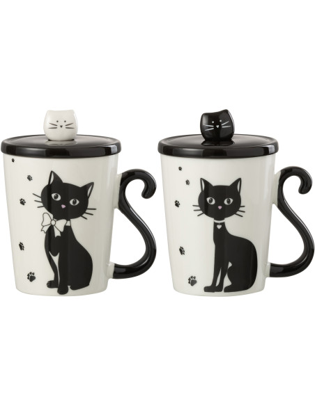 Mug avec couvercle Miaou en Porcelaine Blanc Noir (Lot de 2) - 1