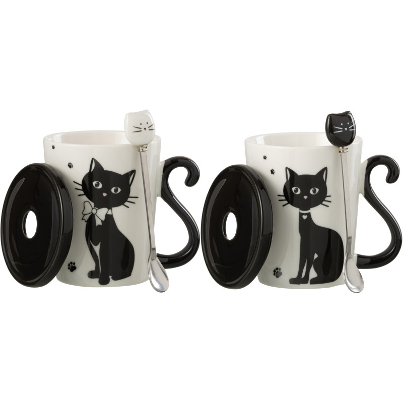 Mug avec couvercle Miaou en Porcelaine Blanc Noir (Lot de 2) - 2