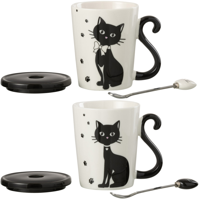 Mug avec couvercle Miaou en Porcelaine Blanc Noir (Lot de 2) - 3