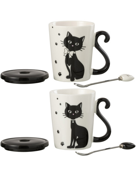 Mug avec couvercle Miaou en Porcelaine Blanc Noir (Lot de 2) - 3