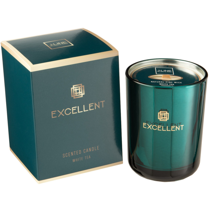 Bougie parfumée XL Fraîche 50 heures Excellent Parfum White Tea avec photophore en Verre Bleu pétrole - 1