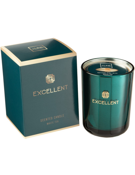 Bougie parfumée XL Fraîche 50 heures Excellent Parfum White Tea avec photophore en Verre Bleu pétrole - 1