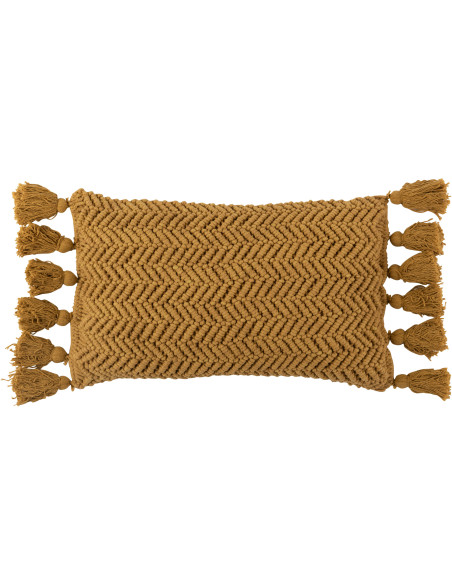 Coussin Rectangulaire Makra 60x30 en Coton Ocre Motif macramé Avec pompons - 1
