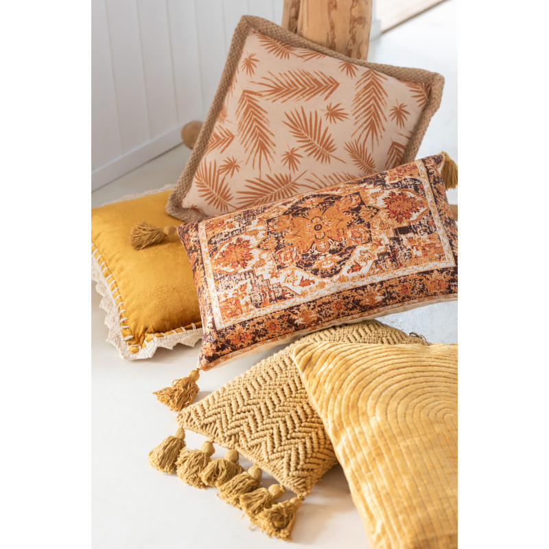 Coussin Rectangulaire Makra 60x30 en Coton Ocre Motif macramé Avec pompons - 2