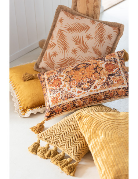 Coussin Rectangulaire Makra 60x30 en Coton Ocre Motif macramé Avec pompons - 2