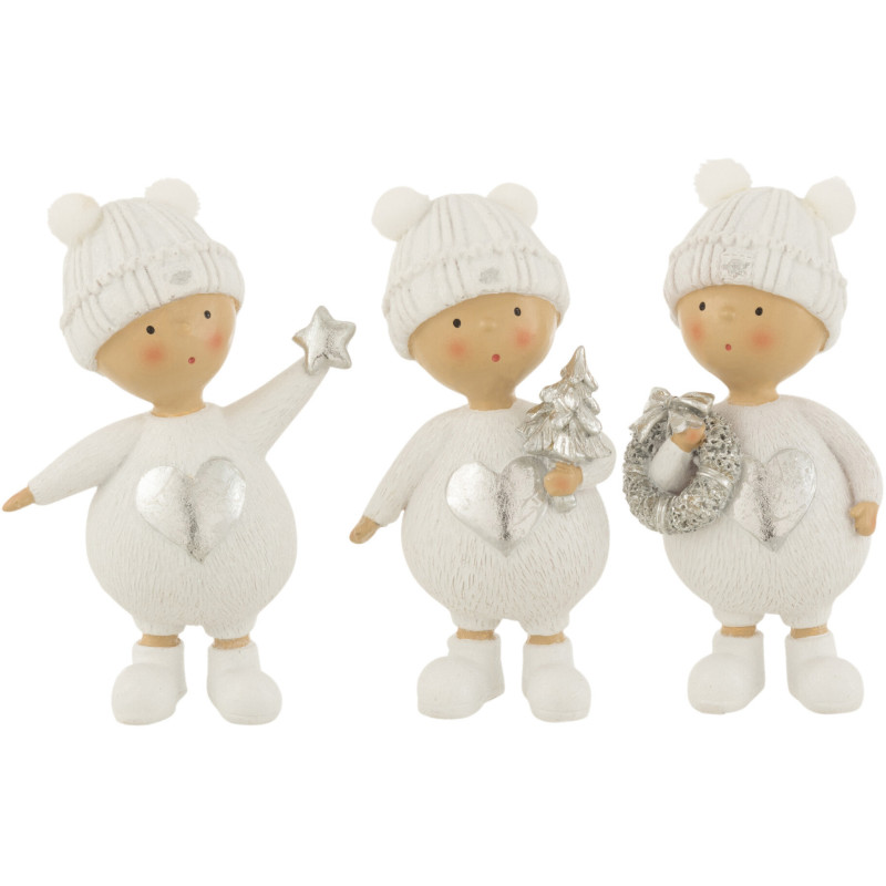 Décoration de Noël Enfant Bonnet & Coeur 10 cm en Résine Blanc Argenté (Lot de 3) - 1
