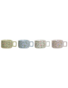 Coffret 4 tasses à café 260 ml avec support de rangement en Dolomite Rose Blanc Bleu Vert Métal Noir Motif fleurs Velien - 1 2