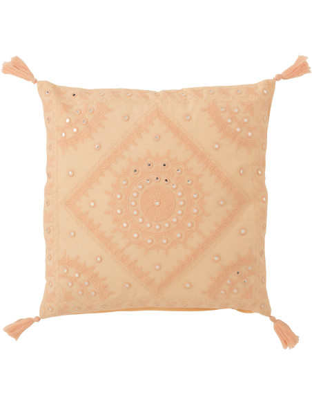 Coussin Carré Ibiza 50x50 en Coton Pamplemousse Motif géométrique Avec pompons - 1