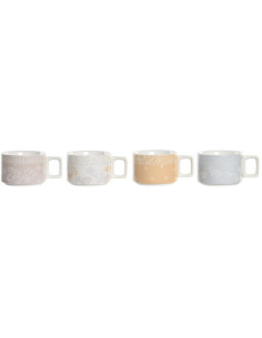 Coffret 4 tasses à café 260 ml avec support de rangement en Dolomite Rose Blanc Orange Bleu Métal Blanc Bambou Naturel Motif boh 2