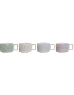 Coffret 4 tasses à café 260 ml avec support de rangement en Céramique Beige Bleu Lilas Vert Métal Blanc Bambou Naturel Motif fle 2