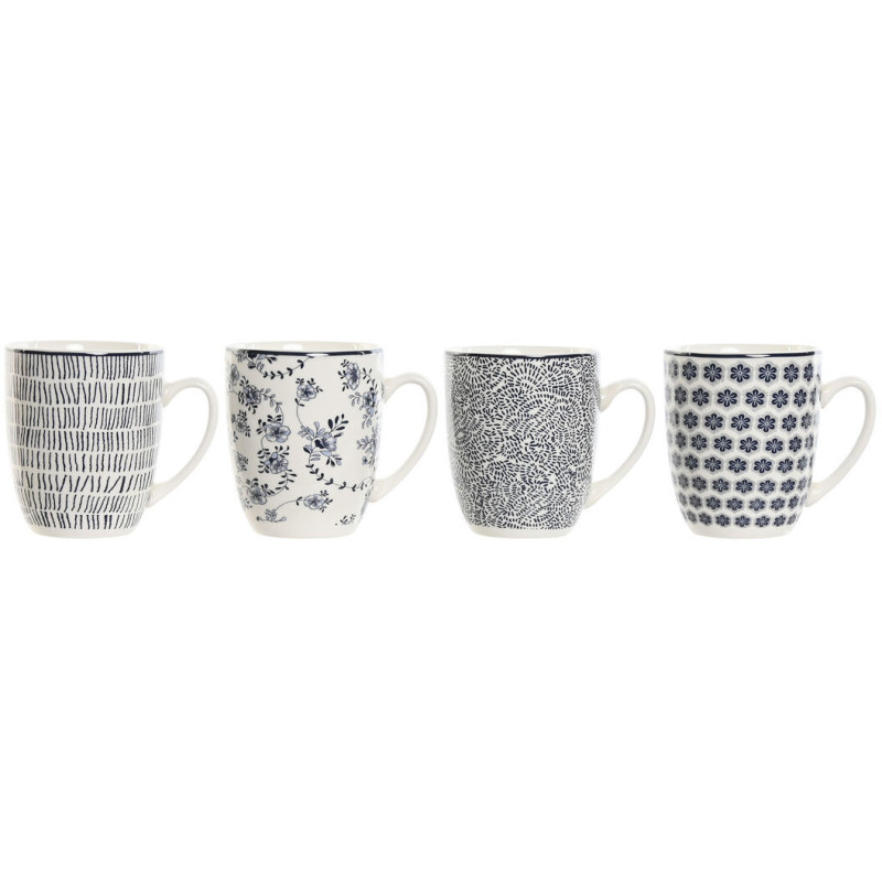 Coffret 4 mugs 340 ml en Porcelaine Blanc Noir Bleu Motif shabby chic Telion - 1