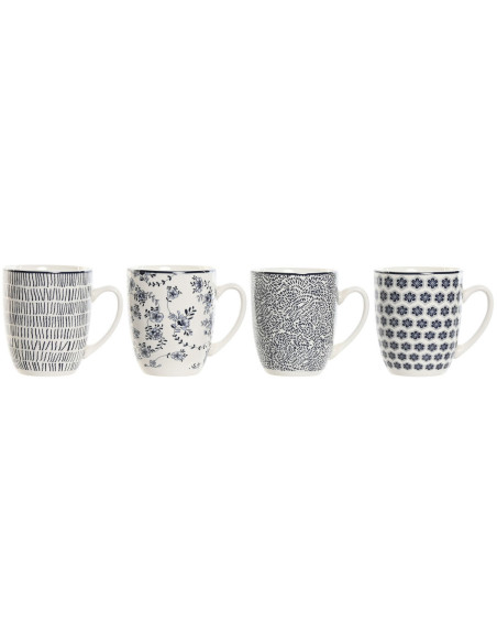 Coffret 4 mugs 340 ml en Porcelaine Blanc Noir Bleu Motif shabby chic Telion - 1