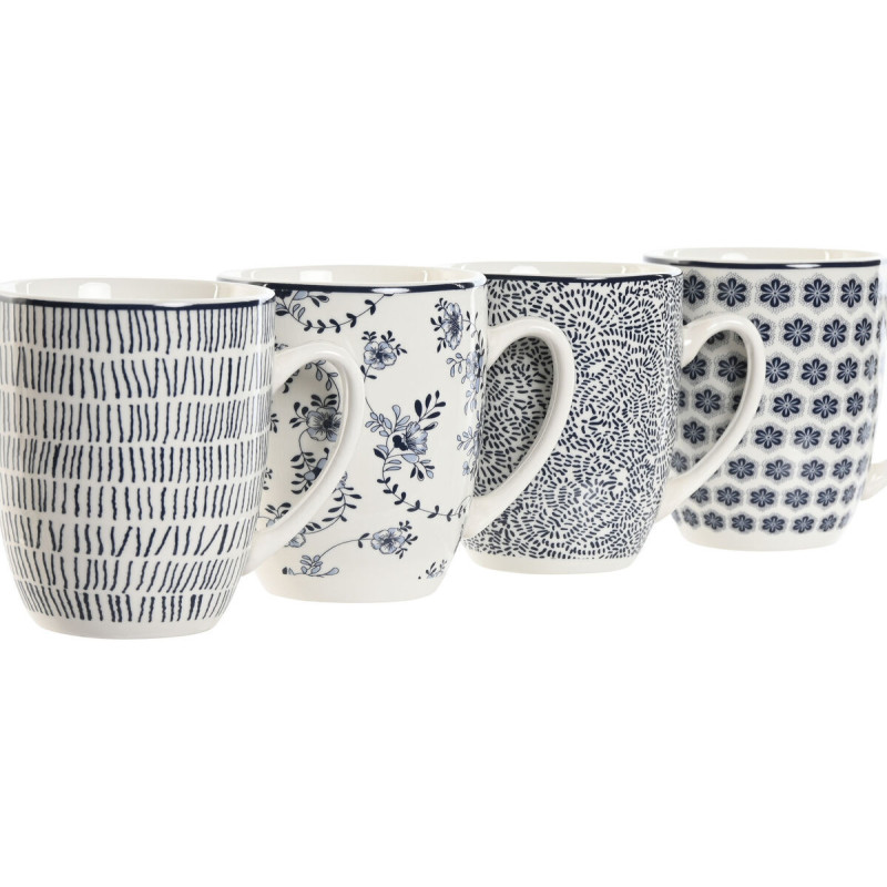 Coffret 4 mugs 340 ml en Porcelaine Blanc Noir Bleu Motif shabby chic Telion - 2