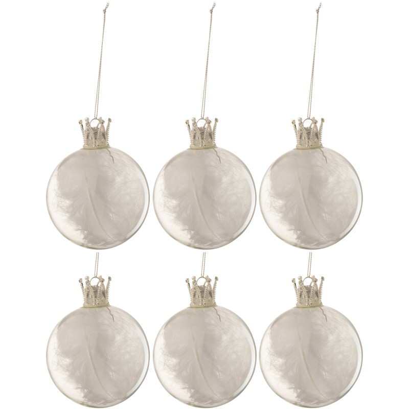 Boule de Noël Couronne en Verre Transparent Plume Blanc (Lot de 6) - 1