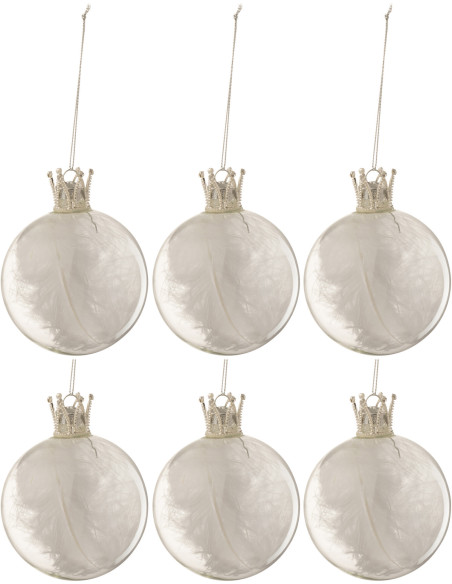 Boule de Noël Couronne en Verre Transparent Plume Blanc (Lot de 6) - 1