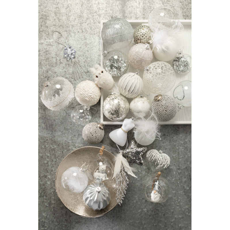 Boule de Noël Couronne en Verre Transparent Plume Blanc (Lot de 6) - 2