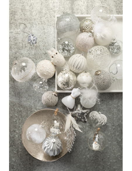 Boule de Noël Couronne en Verre Transparent Plume Blanc (Lot de 6) - 2