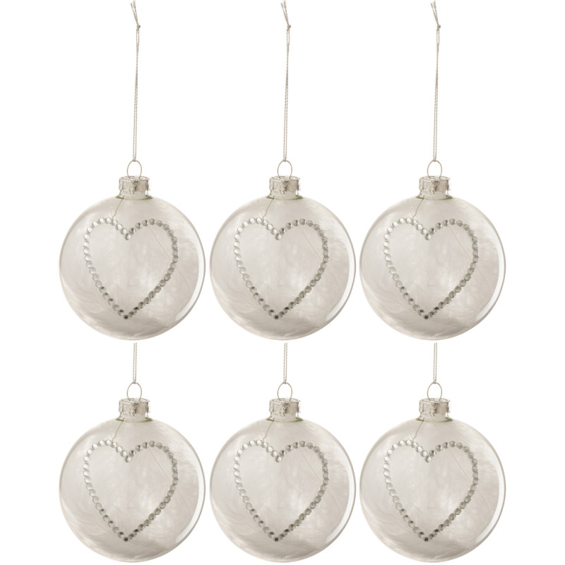 Boule de Noël Coeur en Verre Transparent Strass Argenté (Lot de 6) - 1