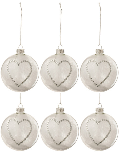 Boule de Noël Coeur en Verre Transparent Strass Argenté (Lot de 6) - 1