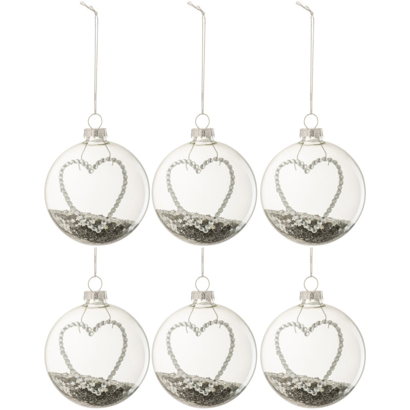 Boule de Noël Coeur en Verre Transparent Strass Argenté Avec paillettes (Lot de 6) - 1