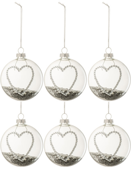 Boule de Noël Coeur en Verre Transparent Strass Argenté Avec paillettes (Lot de 6) - 1