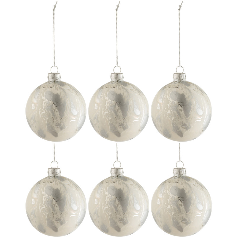 Boule de Noël en Verre Blanc Argent Effet marbre (Lot de 6) - 1