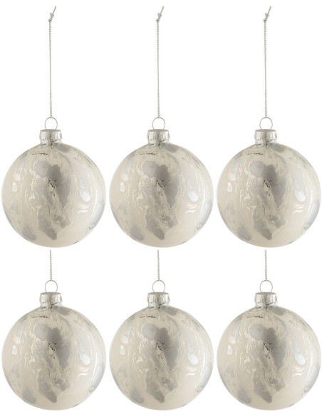 Boule de Noël en Verre Blanc Argent Effet marbre (Lot de 6) - 1