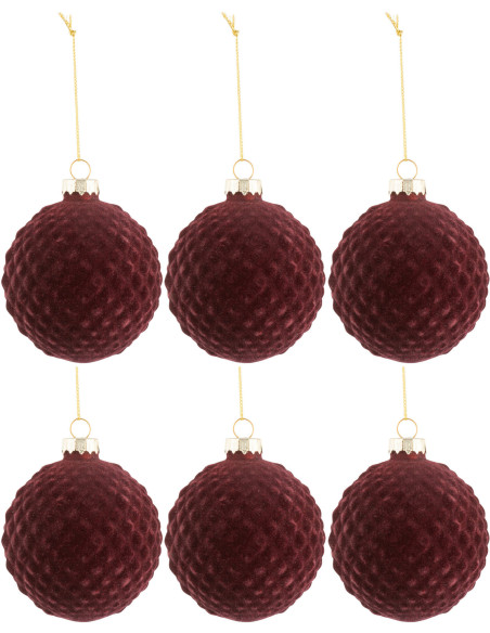 Boule de Noël en Verre Bordeaux Motif losanges Effet velours (Lot de 6) - 1